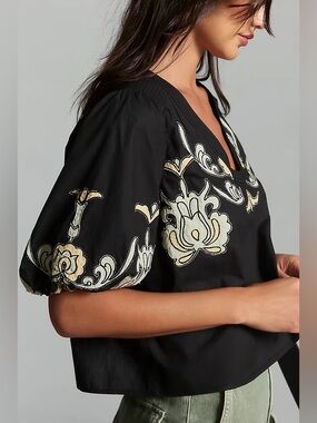 NWT Anthropologie Embroidered Printed Puff-Sleeve Blouse XXS